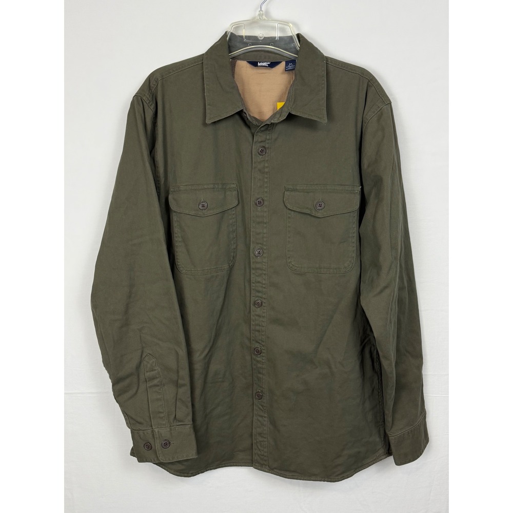 Lands' End Mens Cotton Shirt Jacket M Green Flannel Lined Utility Shacket